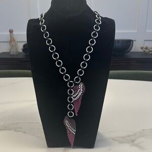 TOVA - Edgy Antique Pink and Silver Wing Pendant Statement Necklace